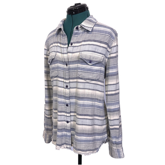 Dylan Sundance Womens Button Up Shirt Blue Stripe Raw Hem Collared LS Size Small - Picture 2 of 8